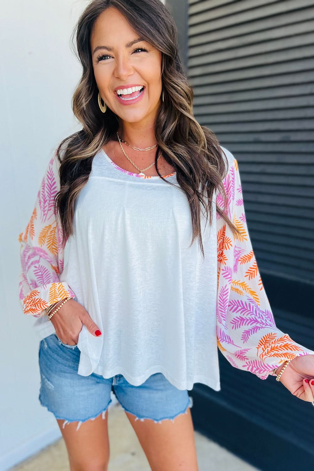 White Tropical Leaf Printed Patchwork Sleeve Round Neck Top - Love Salve